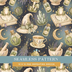 Puede incluir: Patrón sin costuras con temática mística. Presenta ilustraciones de un sombrero de bruja, botellas de pociones, libros, una taza de té, una rana, cristales y hierbas. El diseño incluye el texto "Herbal Spells" y "Witches Brew". El fondo es azul oscuro con estrellas doradas.