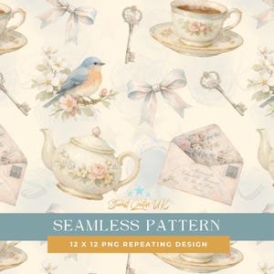 May include: Watercolor seamless pattern featuring a bluebird, teacups, teapots, keys, bows, and floral elements. The design includes the text "SEAMLESS PATTERN" and "12 X 12 PNG REPEATING DESIGN". The color palette includes soft pastels.
