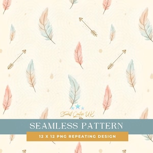 May include: Seamless pattern featuring watercolor feathers in soft pastel colors of pink, blue, and beige, along with arrows. The design is set against a cream background with subtle line details. The text reads "SEAMLESS PATTERN" and "12 X 12 PNG REPEATING DESIGN."