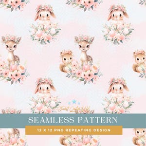 May include: A repeating seamless pattern with illustrations of deer, rabbits, and squirrels wearing floral crowns, surrounded by pink flowers. The background is a soft pink and blue. The text at the bottom says "SEAMLESS PATTERN" and "12 X 12 PNG REPEATING DESIGN".