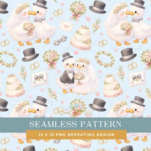 May include: Seamless pattern featuring cartoon ducks in wedding attire, with top hats, bouquets, wedding cakes, and rings on a light blue background. The text "SEAMLESS PATTERN" and "12 X 12 PNG REPEATING DESIGN" are also present.