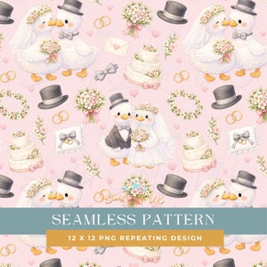 May include: A seamless pattern featuring cartoon ducks in wedding attire, with top hats, veils, and bouquets, alongside wedding cakes, rings, and bows, all on a pink background. The text "SEAMLESS PATTERN" is displayed.