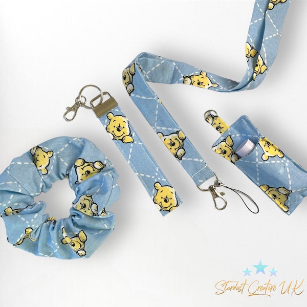 Blue Winnie the Pooh accessories gift set, Hair Scrunchie, Neck Lanyard, Lip Balm Holder, Wristlet key chain, Beautiful gifting bundle set