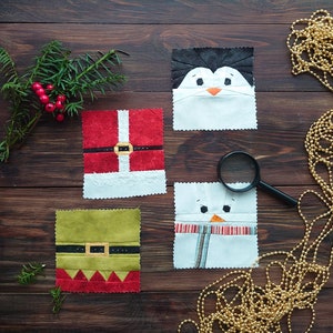 Holiday Quilt Block Patterns - Christmas through the loupe: Santa's and Elf's belts, Cutie Penguin and Exited Snowman