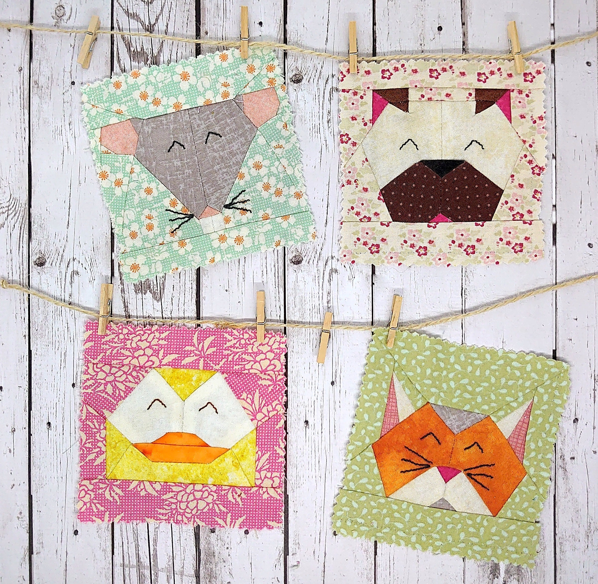 12 Animal Faces Quilt Blocks Set Cat Dog Duck Mouse Cow Etsy