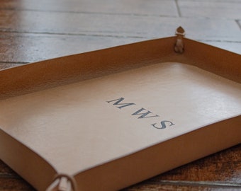 Handmade Italian leather tray with extra stitched base, catch all tray, valet tray storage, custom gift for her him, best office home decor