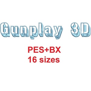 May include: Gunplay 3D font in a light blue color with a 3D effect. The text PES+BX is below the font in red. The text 16 sizes is below the PES+BX text in red.