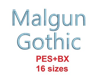May include: A digital embroidery font design called "Malgun Gothic" in a light blue color. The text "PES+BX 16 sizes" is in red.