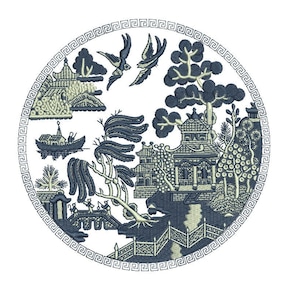 Antique Oriental themed Blue Willow Classic Pagoda design inspired by an old English plate design