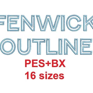 Könnte beinhalten: Eine digitale Stickdatei mit dem Wort "Fenwick" in doppelter Umrandung. Der Text ist in hellblau. Der Text "PES+BX 16 Größen" ist ebenfalls im Bild enthalten.