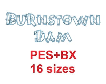 Burnstown Dam™ outline block embroidery font formats PES+BX 16 sizes French and English alphabet with commercial license (RLA)
