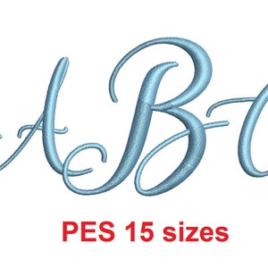 Può includere: Un ricamo blu con le lettere A, B e C in un carattere corsivo. Le lettere sono di colore blu chiaro e sono su uno sfondo bianco. Il testo "PES 15 dimensioni" è sotto le lettere.