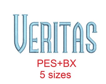 Veritas embroidery font formats bx (which converts to 17 machine formats), + pes, Sizes 0.50 (1/2), 0.75 (3/4), 1, 1.5 and 2"