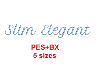 Slim Elegant Script embroidery font formats bx (which converts to 17 machine formats), + pes, Sizes 0.25 (1/4), 0.50 (1/2), 1, 1.5 and 2"