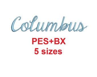 Columbus Script embroidery font formats bx (which converts to 17 machine formats), + pes, Sizes 0.25 (1/4), 0.50 (1/2), 1, 1.5 and 2"