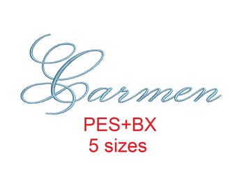 Carmen embroidery font formats bx (which converts to 17 machine formats), + pes, Sizes 0.50 (1/2), 0.75 (3/4), 1, 1.5 and 2"
