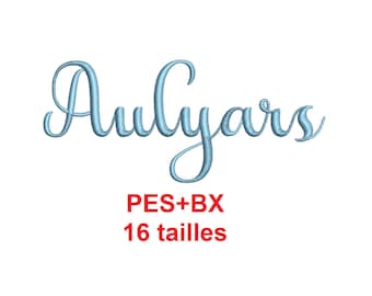 Aulyars script embroidery font formats PES+BX 16 sizes French and English alphabet with commercial license (SNA)