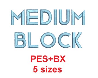 Medium Block embroidery font formats bx (which converts to 17 machine formats), + pes, Sizes 0.25 (1/4), 0.50 (1/2), 1, 1.5 and 2"