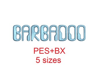 Barbadoo embroidery font formats bx (which converts to 17 machine formats), + pes, Sizes 0.50 (1/2), 0.75 (3/4), 1, 1.5 and 2"