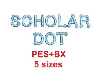 Scholar Dot embroidery font formats bx (which converts to 17 machine formats), + pes, Sizes 0.25 (1/4), 0.50 (1/2), 1, 1.5 and 2"