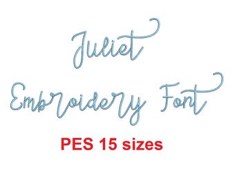 Juliet Script embroidery font PES format 15 Sizes 0.25 (1/4), 0.5 (1/2), 1, 1.5, 2, 2.5, 3, 3.5, 4, 4.5, 5, 5.5, 6, 6.5, and 7 inches