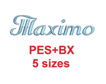 Maximo Script embroidery font formats bx (which converts to 17 machine formats), + pes, Sizes 0.25 (1/4), 0.50 (1/2), 1, 1.5 and 2