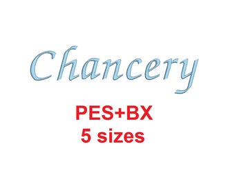 Chancery embroidery font formats bx (which converts to 17 machine formats), + pes, Sizes 0.25 (1/4), 0.50 (1/2), 1, 1.5 and 2"