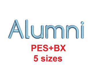 Alumni embroidery font formats bx (which converts to 17 machine formats), + pes, Sizes 0.25 (1/4), 0.50 (1/2), 1, 1.5 and 2"
