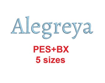 Alegreya embroidery font formats bx (which converts to 17 machine formats), + pes, Sizes 0.25 (1/4), 0.50 (1/2), 1, 1.5 and 2"