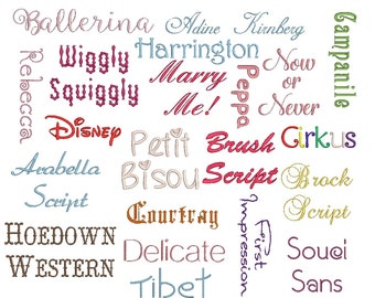 50 Best Sellers embroidery fonts + Extra Bonus 5 embroidery font/design sets format PES Sizes 1, 1.5 and 2 inches, instant download