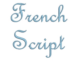 French Script embroidery font formats bx (compatible with 17 machine file formats), dst, exp, pes, jef and xxx, Sizes 1, 1.5, 2 inches