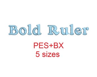 Bold Ruller embroidery font formats bx (which converts to 17 machine formats), + pes, Sizes 0.50 (1/2), 0.75 (3/4), 1, 1.5 and 2"
