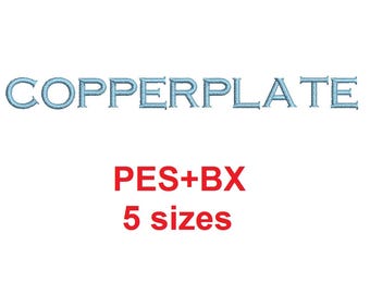 Copperplate embroidery font formats bx (which converts to 17 machine formats), + pes, Sizes 0.25 (1/4), 0.50 (1/2), 1, 1.5 and 2 inches