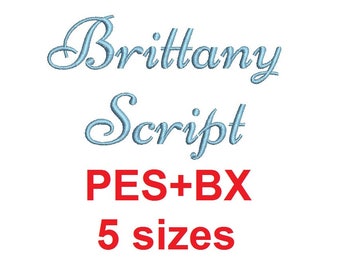 Brittany Script embroidery font formats bx (which converts to 17 machine formats), + pes, Sizes 0.25 (1/4), 0.50 (1/2), 1, 1.5 and 2"
