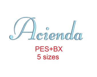 Acienda embroidery font formats bx (which converts to 17 machine formats), + pes, Sizes 0.50 (1/2), 0.75 (3/4), 1, 1.5 and 2"