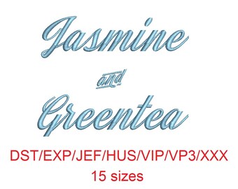 Jasmine and Greentea embroidery font dst/exp/jef/hus/vip/vp3/xxx 15 sizes small to large
