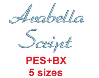 Arabella Script embroidery font formats bx (which converts to 17 machine formats), + pes, Sizes 0.25 (1/4), 0.50 (1/2), 1, 1.5 and 2"
