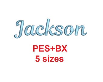 Jackson Script embroidery font formats bx (which converts to 17 machine formats), + pes, Sizes 0.25 (1/4), 0.50 (1/2), 1, 1.5 and 2"