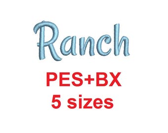 Ranch Script embroidery font formats bx (which converts to 17 machine formats), + pes, Sizes 0.25 (1/4), 0.50 (1/2), 1, 1.5 and 2"