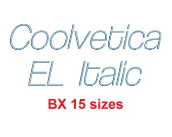 Coolvetica EL Italic™ embroidery BX font Sizes 0.25 (1/4), 0.50 (1/2), 1, 1.5, 2, 2.5, 3, 3.5, 4, 4.5, 5, 5.5, 6, 6.5, and 7 inches (RLA)