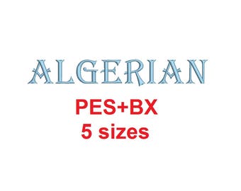 Algerian embroidery font formats bx (which converts to 17 machine formats), + pes, Sizes 0.25 (1/4), 0.50 (1/2), 1, 1.5 and 2"