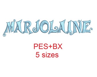 Marjolaine embroidery font formats bx (which converts to 17 machine formats), + pes, Sizes 0.50 (1/2), 0.75 (3/4), 1, 1.5 and 2"