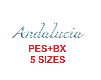 Andalucia Script embroidery font formats bx (which converts to 17 machine formats), + pes, Sizes 0.25 (1/4), 0.50 (1/2), 1, 1.5 and 2"