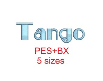 Tango embroidery font formats bx (which converts to 17 machine formats), + pes, Sizes 0.50 (1/2), 0.75 (3/4), 1, 1.5 and 2"