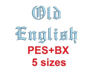 Old English embroidery font formats bx (which converts to 17 machine formats), + pes, Sizes 0.25 (1/4), 0.50 (1/2), 1, 1.5 and 2"