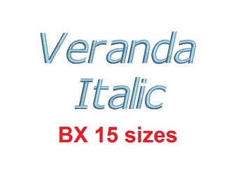 Veranda Italic embroidery BX font Sizes 0.25 (1/4), 0.50 (1/2), 1, 1.5, 2, 2.5, 3, 3.5, 4, 4.5, 5, 5.5, 6, 6.5, and 7 inches