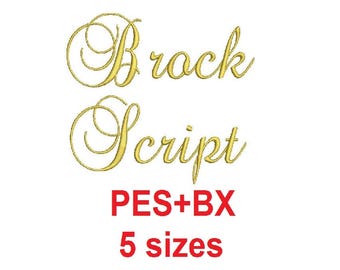 Brock Script embroidery font formats bx (which converts to 17 machine formats), + pes, Sizes 0.25 (1/4), 0.50 (1/2), 1, 1.5 and 2"