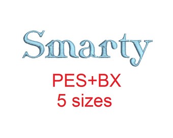 Smarty embroidery font formats bx (which converts to 17 machine formats), + pes, Sizes 0.50 (1/2), 0.75 (3/4), 1, 1.5 and 2"