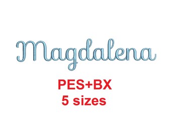Magdalena Script embroidery font formats bx (which converts to 17 machine formats), + pes, Sizes 0.25 (1/4), 0.50 (1/2), 1, 1.5 and 2"