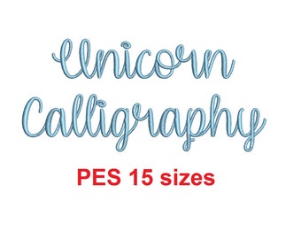 Unicorn Calligraphy embroidery font PES format 15 Sizes 0.25 (1/4), 0.5 (1/2), 1, 1.5, 2, 2.5, 3, 3.5, 4, 4.5, 5, 5.5, 6, 6.5, and 7" (MHA)